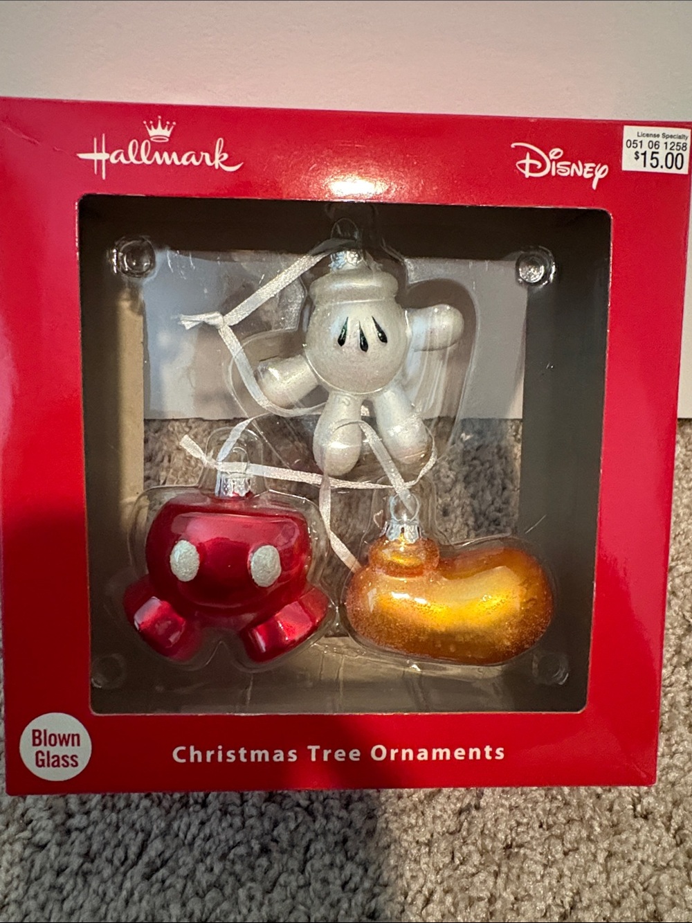 Disney Hallmark Blown Glass Mickey Mouse Ornament Set - glove, pants, shoes